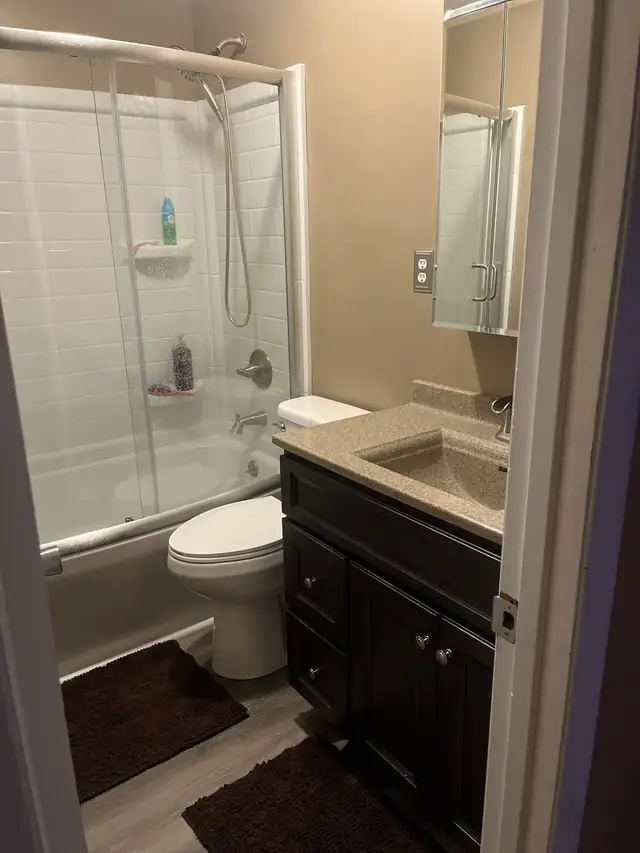 Remodeled bathroom with dark wood vanity, tan solid-surface top, tub with glass shower door and gray plank floor